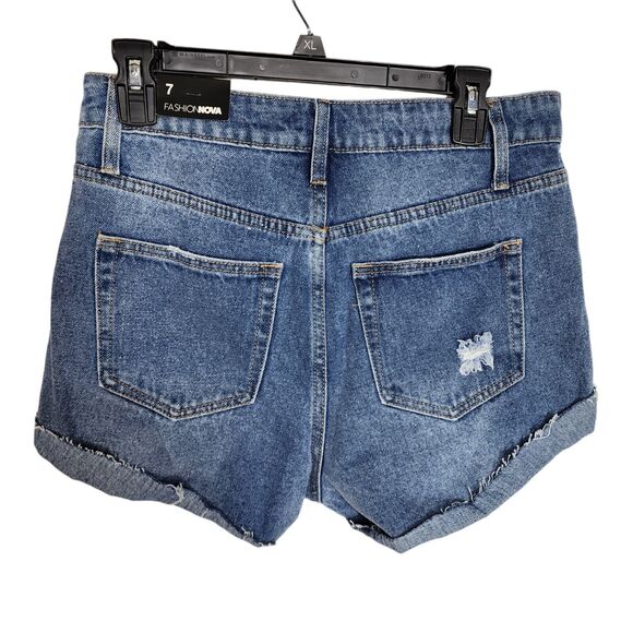Fashion Nova Womens Denim Shorts Size 7 Blue High Rise Button Fly Distressed Rip - Picture 2 of 11